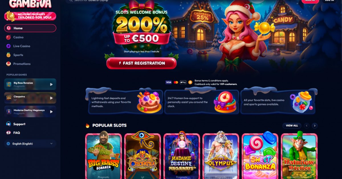 Interface de Gambiva Casino montrant la page d'accueil et les bonus disponibles
